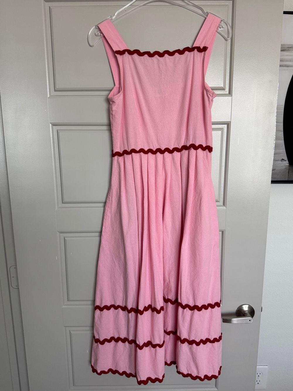 COMPANIA FANTASTICA Sleeveless Pink Maxi Dress with Red Scalloped Trim, S